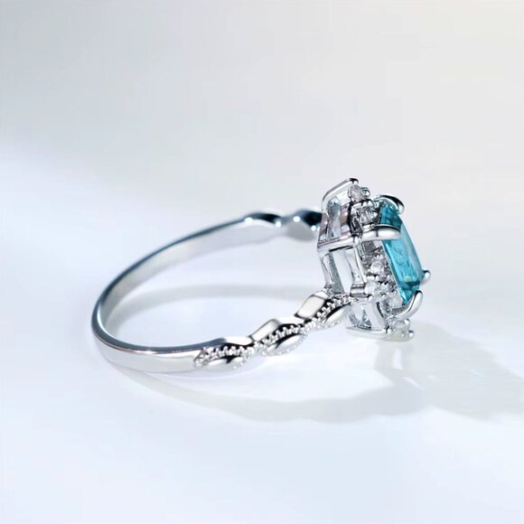 NEW 14k White Gold Aquamarine Diamond Ring Emerald Cut - Picture 4 of 4